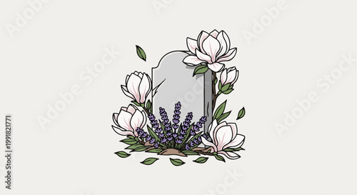 A tombstone adorned with magnolia blossoms and lavender, set against a plain background