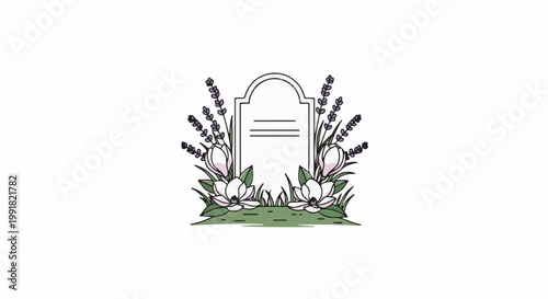 A tombstone adorned with blooming magnolias and lavender sprigs on a grassy mound