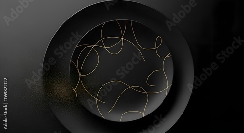 Abstract Black Sphere with Golden Swirls and Particles