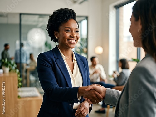 Two businesspeople in a brightly lit office exchanging a handshake with smiles.