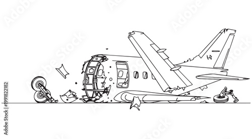 Crashed Airplane Line Art Illustration with Broken Fuselage and Debris for Accident and Safety Concepts