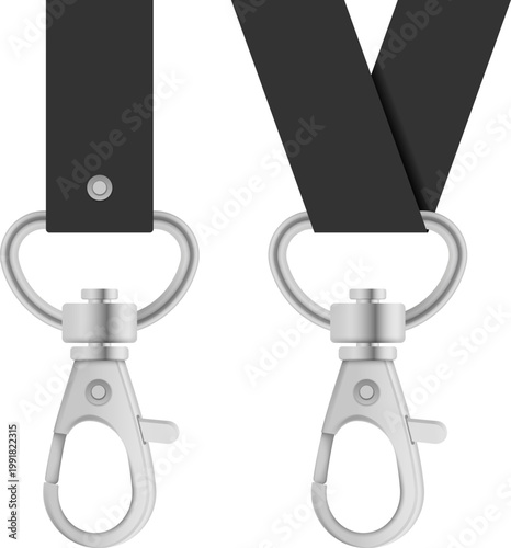 Detailed lanyard strap with silver swivel hook clasp. Perfect for showcasing badge holders, corporate accessories, and product design presentations.