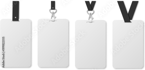 Collection of blank ID badge mockups with different lanyard clip and strap styles. Ideal for corporate branding, event passes, and identity card presentations.