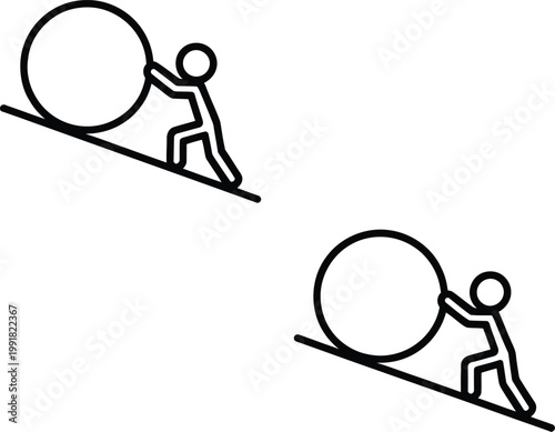 Person pushing a large boulder up an inclined plane in two different ways