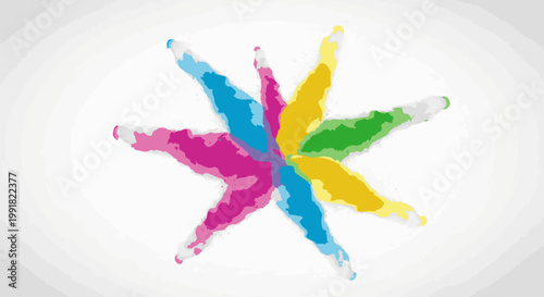 A vibrant, abstract starburst of brightly colored, paint-like strokes radiates outwards against a white background