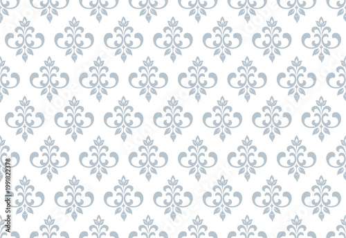 Floral pattern. Seamless vector background. Vintage wallpaper in the Baroque style. White and gray ornament for fabric, wallpaper, packaging. Ornate Damask flower illustration