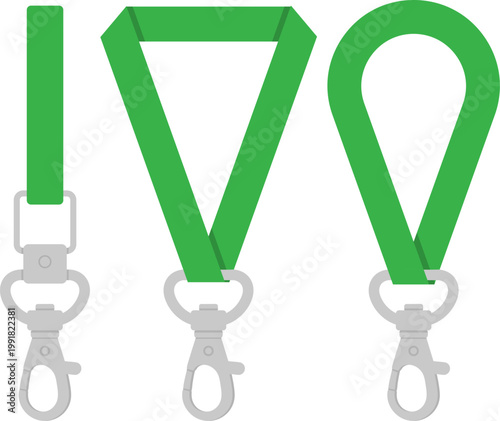 Minimal illustration of green lanyard straps with metal clips in different shapes. Ideal for ID badges, keys, access cards, and corporate or event use.