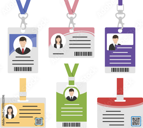 Set of modern corporate ID badges with lanyards in clean flat style. Includes minimal layouts with avatars, barcodes and QR codes, ideal for business identity and office environments.