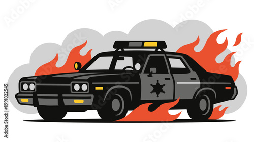 Sheriff patrol vehicle flat illustration engulfed in roaring flames.