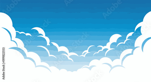 A vibrant blue sky filled with fluffy white clouds in a whimsical, digital art style