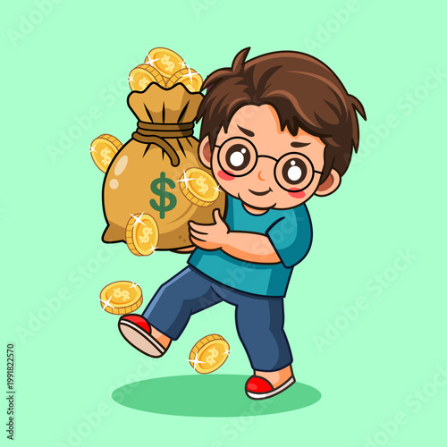 Cute Boy Carry Money Bag Full of Gold Coins Vector Illustration