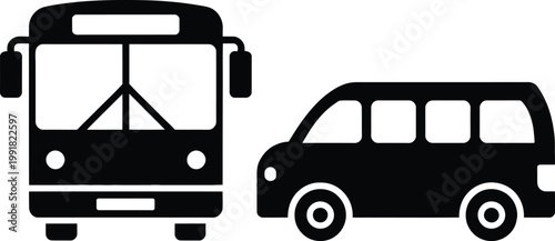 Comparison of a city bus and a small shuttle bus in black and white icons