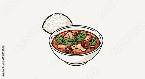 A vibrant bowl of red curry with chicken, basil, and sliced tomatoes, served alongside a mound of fluffy white rice