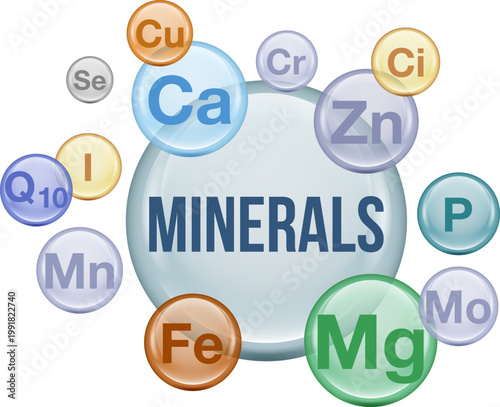 Minerals infographic design. Mineral nutrient icons set. Nutrition minerals illustration. Healthcare mineral symbols. Vitamin mineral infographic layout