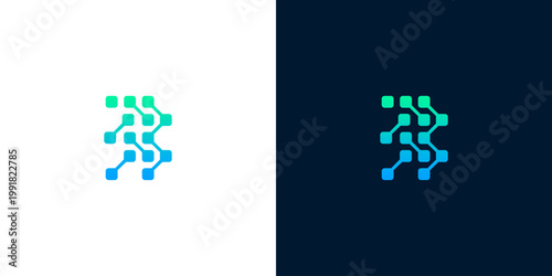 Digital technology abstract logo with squares and connection points, modern graphic design