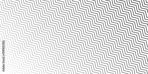 Zig zag line halftone gradation texture. Fade chevron stripe gradient background. Repeating pattern backdrop. Black thin to thick wave stripe backdrop for overlay, print, cover, graphic design. Vector