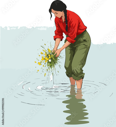 Woman picking flowers from river water