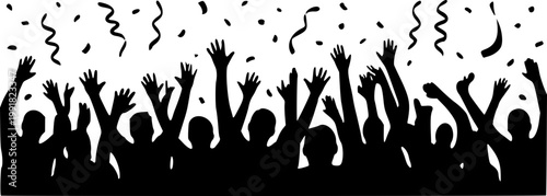 A minimalist black silhouette illustration of a crowd of people celebrating with raised hands and confetti on transparent background