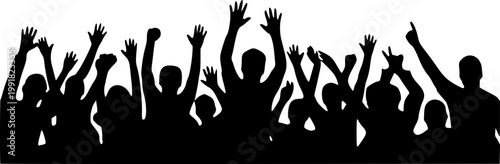 A black silhouette of a crowd of people with their hands raised in the air on transparent background