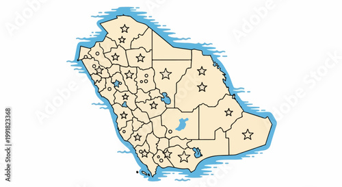 A stylized map of an Arabian country with regional divisions and marked locations indicated by stars and circles