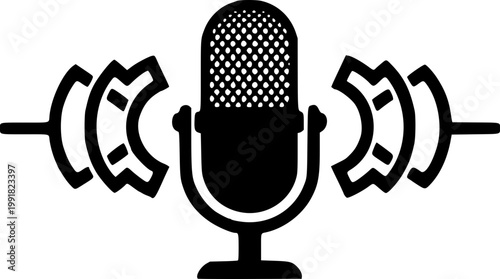 A minimalist vector graphic of a microphone with sound waves on transparent background