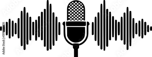 A minimalist vector graphic of a microphone with sound waves on transparent background