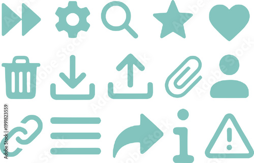 A set of modern, flat, teal-colored icons on transparent background, representing various digital actions and symbols.