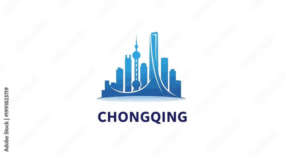 Fototapeta premium Chongqing City Skyline Silhouette in Blue Color on White Background.