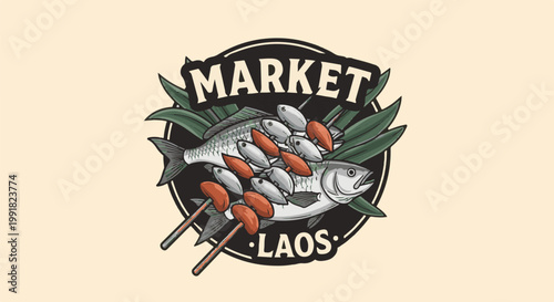 A stylized logo features fresh fish and skewers on a neutral background