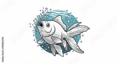 A stylized, open-mouthed white fish with flowing fins swims among bubbles in light blue water