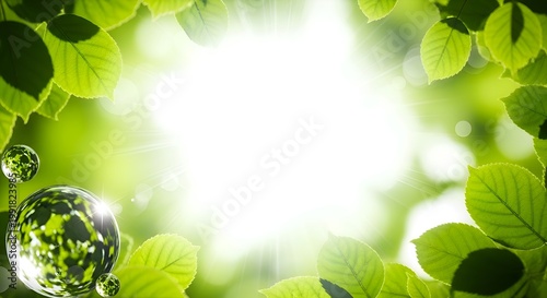 Green leaves frame with glowing earth globes and bright sun flare, eco-friendly concept