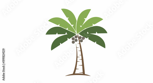 A stylized palm tree with green fronds and brown trunk, bearing coconuts