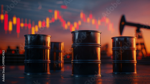 Black oil barrels representing rising fuel prices and an energy crisis, with a descending stock market chart and a pump jack, illustrating the volatile global economy and petroleum industry