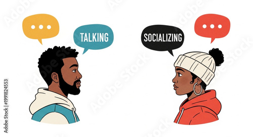 Two people talking and socializing with speech bubbles.