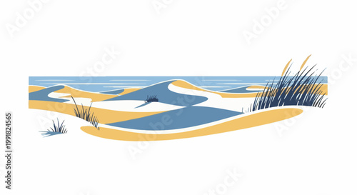 A stylized depiction of rolling dunes meets the ocean, with tall grasses swaying gently