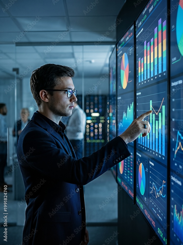 Fototapeta premium Man in office setting analyzing business data on touchscreen display. Professional environment.