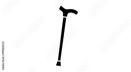 Black silhouette icon of a walking cane for elderly assistance.