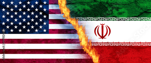National flags of USA and Iran Conflict. Tension between america and iran flags on fire, Cracks Symbolizing Deepening International Crisis. not ai