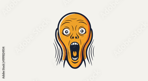 A stylized, distorted face with wide eyes and a gaping mouth, conveying intense emotion
