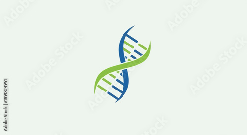 A stylized double helix structure, colored blue and green, on a light background