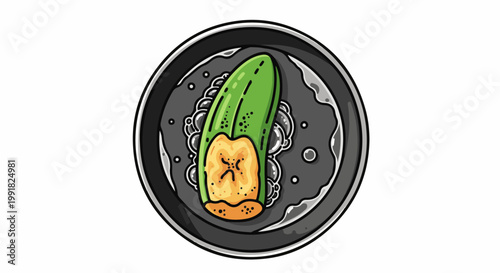 A stylized drawing of a green banana with a yellow, sliced end on a dark gray plate with bubbles