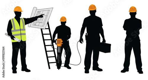 Construction workers with blueprints and tools on white background.