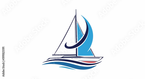 A stylized sailboat with blue sails and white hull glides over blue waves
