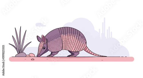 Detailed Purple Armadillo in Desert Landscape Illustration