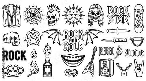 Punk rock subculture icons set in black and white gothic sticker style.