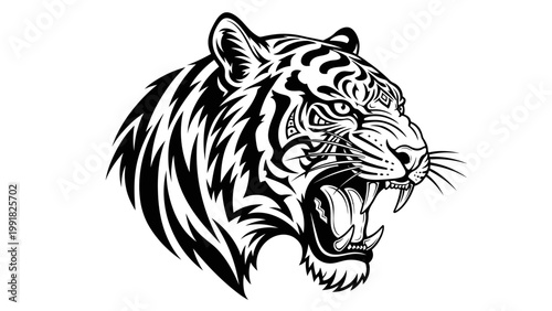 Fierce Tiger Head Roaring Black and White Tribal Tattoo Style