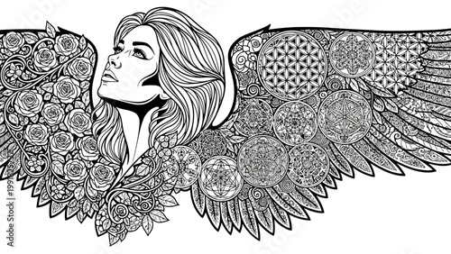 Intricate Angel Wings with Woman's Face, Floral and Geometric Patterns