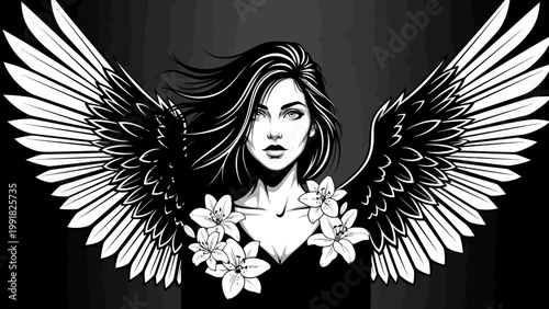 Mysterious Angel Woman with Black Wings and White Lilies