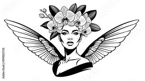 Angel Woman with Orchid Flower Crown and Wings, Black and White Line Art