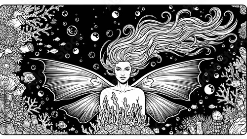 Enchanting Mermaid with Butterfly Wings in Coral Reef, Underwater Fantasy Art